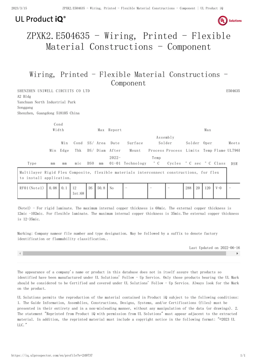 Document UL listing emis pentru ShenZhen Uniwell Circuits Co., Ltd.